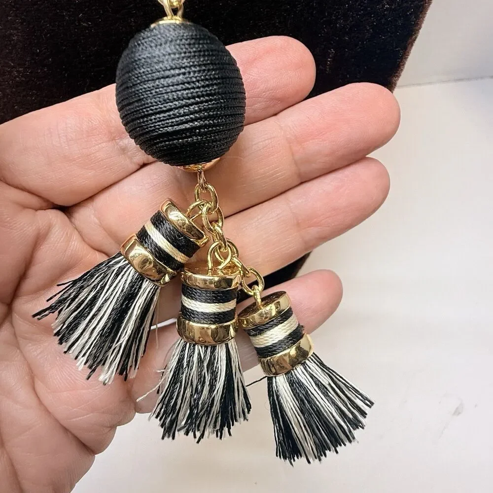 Talbots Gold Black And White Thread Wrapped Sphere W/Tassels Long Necklace